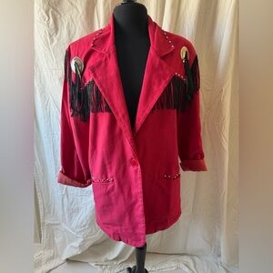 Red Fringe Blazer with Stud Accents